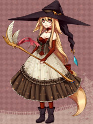 Rule 34 | 1girl, animal ears, ankle boots, boots, breasts, bridal gauntlets, brown skirt, choker, cleavage, commentary request, ears down, elbow gloves, fingerless gloves, fox, fox ears, fox tail, full body, gloves, hair between eyes, hat, high heel boots, high heels, holding, jewelry, konshin, looking at viewer, medium breasts, necklace, original, pantyhose, pleated skirt, red choker, red eyes, red gloves, red pantyhose, skirt, smile, solo, tail, vest, wand, witch hat