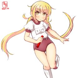 Rule 34 | 1girl, alternate costume, artist logo, baton, blonde hair, blush, buruma, commentary request, dated, gluteal fold, gym shirt, gym uniform, hair between eyes, highres, kanon (kurogane knights), kantai collection, kneehighs, long hair, looking at viewer, low twintails, name tag, red buruma, running, satsuki (kancolle), shirt, short sleeves, signature, simple background, socks, solo, standing, standing on one leg, t-shirt, thigh gap, twintails, white background, white shirt, white socks, yellow eyes