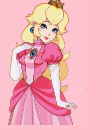 Rule 34 | 1girl, blonde hair, blue eyes, crown, earrings, gloves, highres, jewelry, lipgloss, lipstick, looking at viewer, makeup, mario (series), nintendo, pink background, pink lips, princess peach, softp3ach, solo, super mario bros. 1, white gloves