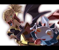 Rule 34 | 1girl, bad id, bad pixiv id, bare shoulders, blonde hair, bow, breasts, bright pupils, bukurote, disgaea, earrings, highres, jewelry, letterboxed, makai senki disgaea 2, pointy ears, ponytail, red eyes, ring, rozalin, short hair, slit pupils, tink (disgaea), tongue, tongue out, wings, yellow bow