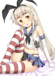Rule 34 | 1boy, :p, anchor symbol, bare shoulders, bed, black neckerchief, black panties, blonde hair, blue skirt, bulge, collarbone, elbow gloves, erection, fang, genderswap, genderswap (ftm), gloves, headband, kantai collection, long hair, looking at viewer, neckerchief, panties, penis, red thighhighs, sailor collar, shimakaze-kun, shimakaze (kancolle), shirt, sitting, skirt, small penis, smile, solo, string panties, striped clothes, striped thighhighs, takase yuu, testicles, thighhighs, tongue, tongue out, trap, underwear, white background, white gloves, white shirt, yellow eyes