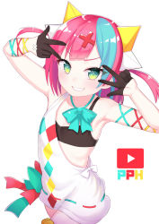 Rule 34 | 1girl, aqua bow, arms up, atg (wttoo0202), bare shoulders, black bra, black gloves, blue hair, blush, bow, bra, character name, collarbone, commentary, dress, gloves, green eyes, grin, hair ornament, half gloves, highres, looking at viewer, multicolored hair, pink hair, pinky pop hepburn, ribbon-trimmed clothes, ribbon-trimmed dress, ribbon trim, simple background, smile, solo, sports bra, the moon studio, two-tone hair, two side up, underwear, v-shaped eyebrows, v over eye, virtual youtuber, white background, white dress, x hair ornament