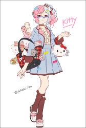 Rule 34 | 1girl, animal bag, bag, bag charm, black bag, blazer, blouse, blue-framed eyewear, blue bow, blue hair, blue jacket, blue nails, blue skirt, bow, bow skirt, brown choker, brown eyes, brown socks, carrying bag, cat, cat bag, center frills, character request, charm (object), choker, collar, collared shirt, commentary, duplicate, english text, floral print, footwear bow, frilled socks, frills, full body, glasses, hair bow, hakusai (tiahszld), handbag, hello kitty, hello kitty (character), holding, holding bag, jacket, light blue hair, long sleeves, multicolored clothes, multicolored hair, multicolored jacket, multicolored nails, nail polish, open clothes, open jacket, original, over-rim eyewear, paper, paper roll, pink bow, pink collar, pink hair, pink nails, pixel-perfect duplicate, plaid, plaid bag, plaid bow, pleated skirt, red bag, red bow, red eyes, sanrio, semi-rimless eyewear, shirt, shopping bag, side ponytail, simple background, skirt, sleeve cuffs, smile, socks, standing, stuffed animal, stuffed rabbit, stuffed cat, stuffed toy, symbol-only commentary, twitter username, two-tone hair, two-tone jacket, white background, white bag, white footwear, white shirt, wrapping paper, yellow bow