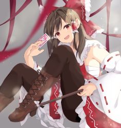 Rule 34 | 1girl, amulet, armpits, artist request, boots, bow, brown footwear, brown hair, cross-laced footwear, detached sleeves, frilled bow, frills, gensokyo, gohei, hair bow, hair tubes, hakurei reimu, happy, high heel boots, high heels, japanese clothes, lace-up boots, medium hair, miko, nontraditional miko, open mouth, pantyhose, red bow, red eyes, red skirt, ribbon-trimmed sleeves, ribbon trim, sarashi, sidelocks, sitting, skirt, skirt set, touhou, vest, wide sleeves
