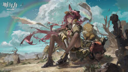 Rule 34 | 1girl, animal, animal ears, arknights, bird, black footwear, black pantyhose, black shorts, blue sky, boots, bottle, bow (weapon), brown shirt, cloud, cloudy sky, copyright name, crossbow, desert, gloves, grey scarf, hand on own cheek, hand on own face, head rest, highres, holding, holding bottle, long hair, long sleeves, official art, official wallpaper, outdoors, pantyhose, pantyhose under shorts, pink hair, purple eyes, rabbit ears, rabbit girl, rainbow, ray (arknights), rock, ruoganzhao, scarf, shirt, shorts, sitting, sky, solo, very long hair, water bottle, weapon, wind, yellow gloves