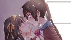 Rule 34 | 2girls, after kiss, blue sailor collar, blush, breasts, brown cardigan, brown eyes, brown hair, cardigan, commentary request, from side, genderswap, genderswap (mtf), hair ribbon, hairband, highres, indoors, kita high school uniform, kyonko, long hair, long sleeves, looking at another, multiple girls, nipples, open mouth, ponytail, red ribbon, ribbon, sailor collar, saliva, saliva trail, school uniform, serafuku, short hair, small breasts, suzumiya haruhi, suzumiya haruhi no yuuutsu, taiki (6240taiki), tongue, tongue out, yellow hairband, yellow ribbon, yuri