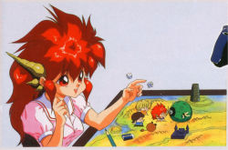 Rule 34 | 1990s (style), 1girl, blouse, chibi, dice, dragon half, long hair, mink (dragon half), playing games, red eyes, red hair, retro artstyle, shirt, smile, solo