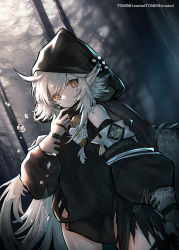 Rule 34 | 1girl, ahoge, arknights, bare shoulders, brown eyes, commentary, cowboy shot, crocodilian tail, dutch angle, highres, hood, long hair, long sleeves, looking at viewer, pointy ears, riinougat, silver hair, solo, standing, tail, tomimi (arknights), very long hair