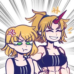 Rule 34 | +++, 2girls, :t, abs, alternate costume, anger vein, black sports bra, blonde hair, blush, breast envy, breasts, closed eyes, closed mouth, d vaaaah, emphasis lines, green eyes, grin, high ponytail, highres, horns, hoshiguma yuugi, looking down, medium bangs, medium breasts, medium support (meme), meme, mizuhashi parsee, multiple girls, muscular, muscular female, nose blush, pointy ears, pout, red horns, short hair, single horn, smile, sports bra, star (symbol), tearing up, touhou, v-shaped eyebrows, white background