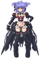 Rule 34 | 10s, 1girl, :o, altines, armor, bad id, bad pixiv id, black thighhighs, blue hair, busou shinki, dd (ijigendd), doll joints, elbow gloves, gloves, hand on own hip, joints, looking at viewer, navel, open mouth, red eyes, short hair, solo, thighhighs, twintails, white background