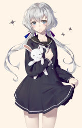 Rule 34 | 10s, 1girl, black dress, black sailor collar, blue ribbon, brown background, closed mouth, collarbone, commentary request, cowboy shot, dress, grey eyes, hair between eyes, hair ribbon, highres, ji dao ji, konno junko, long hair, long sleeves, low twintails, hugging object, pleated dress, ribbon, sailor collar, sailor dress, silver hair, simple background, smile, solo, sparkle, standing, stuffed animal, stuffed rabbit, stuffed toy, twintails, very long hair, white neckwear, zombie land saga