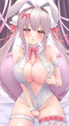 Rule 34 | 1girl, absurdres, ahoge, animal ears, blush, breasts, cleavage, highres, large breasts, leotard, long hair, looking at viewer, midriff, navel, open clothes, open mouth, original, playboy bunny, rabbit ears, red eyes, ribbon, sidelocks, silver hair, solo, tears, thick thighs, thigh strap, thighs, twintails, uni ikura