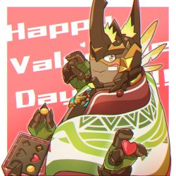 Rule 34 | 1boy, another eidos-r, armor, arthropod boy, bandaid, bandaid on face, blush, box, box of chocolates, chocolate, edamamego, extra arms, happy valentine, heart, horns, hulk (another eidos), jewelry, looking at viewer, male focus, necklace, one eye closed, scale armor, scales, smile, solo, text focus, upper body, valentine, yellow eyes