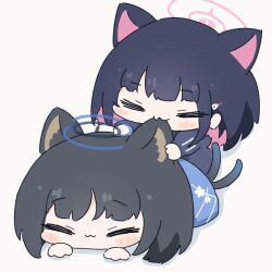 Rule 34 | 2girls, animal ear fluff, animal ears, animated, animated gif, biting, black hair, blue archive, blush stickers, cat ears, cat tail, chibi, closed eyes, closed mouth, ear biting, ear wiggle, hair ornament, hairclip, halo, kazusa (blue archive), kikyou (blue archive), long sleeves, lying, medium hair, multicolored hair, multiple girls, multiple tails, on stomach, pink hair, pink halo, tail, two-tone hair, two tails, umihio
