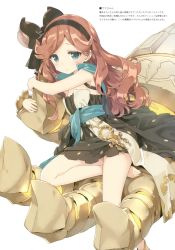 Rule 34 | 10s, 1girl, absurdres, barefoot, blush, breasts, brown hair, cleavage, dress, granblue fantasy, green eyes, hairband, highres, kani biimu, light frown, long hair, sara (granblue fantasy), scan, small breasts