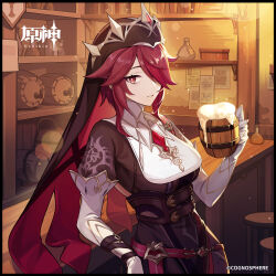 Rule 34 | 1girl, absurdres, alcohol, beer, beer mug, black dress, breasts, brown eyes, commentary request, cup, dress, genshin impact, gloves, habit, highres, holding, holding cup, indoors, looking at viewer, medium breasts, mug, official art, parted lips, purple hair, rosaria (genshin impact), short hair, solo, stool, upper body, white gloves