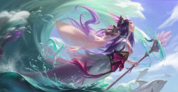 Rule 34 | 1girl, animal, arm at side, armor, breasts, cleavage, commentary, day, detached sleeves, dolphin, dorothyshan, english commentary, fins, flower, from side, hair ornament, head fins, headgear, highres, holding, holding staff, hydrokinesis, league of legends, long hair, looking away, mermaid, monster girl, nami (league of legends), ocean, orb, outdoors, pauldrons, planetary ring, profile, purple eyes, robe, sash, shoulder armor, sky, solo, splendid staff nami, staff, tassel, vastaya, very long hair, water, waves, wet