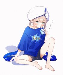 Rule 34 | 1boy, alternate costume, arm support, arts shirt, barefoot, black shorts, blue hair, blue shirt, blunt bangs, blush, brown hair, captain nemo (fate), colored tips, commentary request, drink, drink pouch, drinking, fate/grand order, fate (series), full body, green eyes, highres, holding, holding drink, knee up, long hair, looking at viewer, low twintails, multicolored hair, nemo (fate), print shirt, saitoh michiru, shirt, shorts, sidelocks, simple background, sitting, solo, sweat, t-shirt, translation request, trap, turban, twintails, very long hair, white background, white headwear
