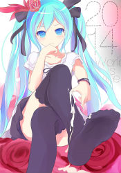 Rule 34 | 10s, 1girl, 2014, aqua eyes, aqua hair, bracelet, copyright name, cum, cum on body, cum on clothes, cum on lower body, feet, flower, gumo, hair ribbon, hatsune miku, highres, jewelry, crossed legs, long hair, no shoes, ribbon, rose, sitting, skirt, soles, solo, thighhighs, twintails, very long hair, vocaloid, world is mine (vocaloid)