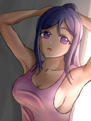 Rule 34 | 10s, 1girl, adjusting hair, armpits, arms behind head, arms up, breasts, long hair, looking at viewer, love live!, love live! sunshine!!, matsuura kanan, medium breasts, no bra, open mouth, ponytail, purple eyes, purple hair, sideboob, solo, standing, tank top, upper body, yoshi futo