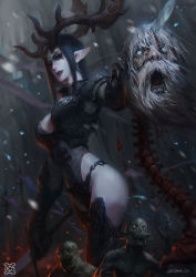 Rule 34 | 1girl, 3boys, antlers, beard, black hair, blood, dual wielding, facial hair, gloves, goblin, gorget, grey hair, head, highres, holding, horns, impaled, lipstick, long hair, makeup, multiple boys, open mouth, pointy ears, solo focus, spine, sword, thighhighs, weapon, xiaoguimist