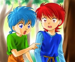 Rule 34 | 1990s (style), 2boys, akazukin chacha, blue eyes, blue hair, couple, forest, green shirt, lowres, male focus, matching hair/eyes, multiple boys, nature, open mouth, popy, red eyes, red hair, riiya, shirt, tunic