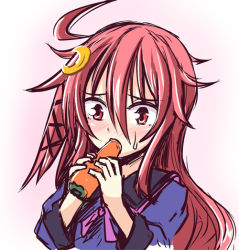 Rule 34 | 10s, 1girl, carrot, crescent, crescent hair ornament, eating, hair ornament, ichimi, kantai collection, long hair, pink hair, sexually suggestive, solo, upper body, uzuki (kancolle)
