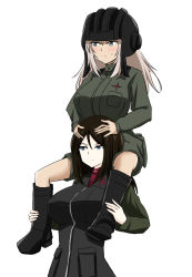 Rule 34 | 2girls, black footwear, black hair, black headwear, black vest, blue eyes, blush, boots, carrying, closed mouth, commentary, cosplay, frown, girls und panzer, green jacket, green jumpsuit, hands on another&#039;s head, helmet, highres, insignia, itsumi erika, jacket, jumpsuit, katyusha (girls und panzer), katyusha (girls und panzer) (cosplay), light frown, long hair, long sleeves, medium hair, military, military uniform, multiple girls, nonna (girls und panzer), pravda military uniform, red shirt, shikokuken (mrykk24), shirt, short jumpsuit, shoulder carry, silver hair, simple background, standing, sweatdrop, swept bangs, tank helmet, turtleneck, uniform, vest, white background