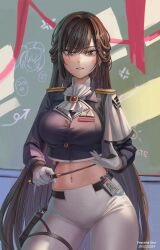 Rule 34 | 1girl, anger vein, artist name, ascot, black jacket, breasts, brown eyes, brown hair, chalkboard, commentary, cowboy shot, crop top, cropped jacket, dated, epaulettes, gloves, goddess of victory: nikke, highres, holding riding crop, holster, id card, indoors, jacket, large breasts, long hair, long sleeves, looking at viewer, marciana (nikke), midriff, military jacket, military uniform, name tag, navel, navel piercing, pants, parted lips, peaceterzero, piercing, rei (nikke), riding crop, sidelocks, solo, standing, thigh holster, thigh strap, tight clothes, tight pants, uniform, very long hair, white ascot, white gloves, white pants