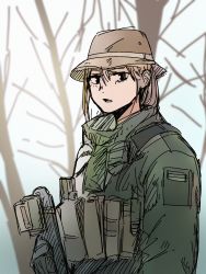 Rule 34 | 1girl, bare tree, brown hair, brown hat, copyright request, day, gloves, green jacket, grey gloves, hair between eyes, hat, highres, jacket, looking at viewer, outdoors, parted lips, sharpy (kdy000913), sketch, solo, tree