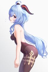 Rule 34 | 1girl, absurdres, ahoge, back, backless outfit, bare arms, bare shoulders, black leotard, black pantyhose, blue hair, blush, bodystocking, bodysuit, breasts, flying sweatdrops, from side, ganyu (genshin impact), genshin impact, groin, highres, horns, leaning forward, leotard, leotard under clothes, long hair, looking at viewer, low ponytail, medium breasts, no gloves, open mouth, pantyhose, purple eyes, sideboob, sidelocks, sleeveless, smile, solo, standing, thighlet, thighs, watayoshi (suiiho)