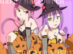 Rule 34 | 00s, 2girls, :p, angry, bad id, bad pixiv id, bare shoulders, between breasts, bikini, bikini top only, blair (soul eater), blush, breast press, breasts, brown eyes, candy, cleavage, corset, elbow gloves, fishnets, food, gloves, halloween, happy halloween, hat, heart, hishiki, jack-o&#039;-lantern, large breasts, lollipop, long hair, mizune (soul eater), multiple girls, pink hair, pumpkin, purple hair, short hair, smile, soul eater, swimsuit, swirl lollipop, tail, thighhighs, tongue, tongue out, trick or treat, witch, witch hat, yellow eyes
