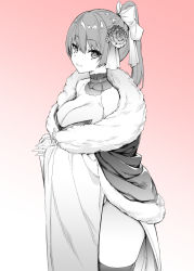 Rule 34 | 1girl, breasts, cleavage, closed mouth, detached collar, dress, flower, from side, furisode, gradient background, greyscale, greyscale with colored background, hair between eyes, hair flower, hair ornament, hair ribbon, hololive, houshou marine, japanese clothes, kimono, large breasts, light smile, long hair, looking at viewer, monochrome, mushi024, no panties, own hands together, pink background, ponytail, ribbon, simple background, solo, spot color, strapless, strapless dress, thighhighs, virtual youtuber, wide sleeves