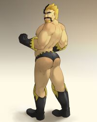 Rule 34 | 1boy, ass, bara, black hair, blonde hair, boots, briefs, clenched hands, facial hair, from behind, gloves, goatee, highres, huge eyebrows, human fuerte (great el fuerte&#039;s), large pectorals, looking at viewer, looking back, male focus, male underwear, mature male, multicolored hair, muscular, muscular male, mustache, nipples, original, pectorals, rick penman, second-party source, short hair, solo, sparse chest hair, spiked hair, standing, thick ass hair, thick mustache, topless male, two-tone beard, two-tone hair, underwear