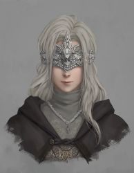 Rule 34 | 1girl, black capelet, capelet, closed mouth, commentary request, covered eyes, cropped torso, dark souls (series), dark souls iii, dress, facing viewer, fire keeper, grey background, grey dress, grey hair, highres, hood, hood down, hooded capelet, jewelry, long hair, miura-n315, pendant, simple background, solo, upper body