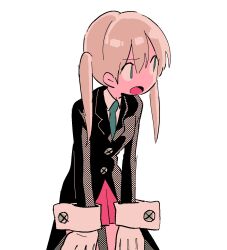 Rule 34 | 1girl, black coat, brown hair, buttons, coat, gloves, green eyes, green necktie, hands on own knees, highres, long hair, long sleeves, looking to the side, maka albarn, menma (enaic31), necktie, open mouth, pink skirt, simple background, skirt, solo, soul eater, twintails, white background, white gloves