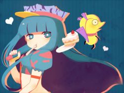 Rule 34 | 10s, 1girl, ayu (mog), bad id, bad pixiv id, blue eyes, blush, cake, chuck (psg), food, fork, fruit, hat, heart, mouth hold, multicolored hair, panty &amp; stocking with garterbelt, panty (psg), stocking (psg), strawberry, two-tone hair