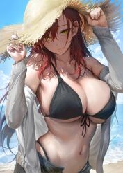 1girl absurdres aki_(maenoo) bare_shoulders beach bikini black_bikini breasts cleavage closed_mouth cloud commentary_request hat highleg highleg_bikini highres large_breasts long_hair marse_(rokudaime) navel off_shoulder open_fly original outdoors red_hair shore sky solo straw_hat swimsuit underboob upper_body water waves yellow_eyes