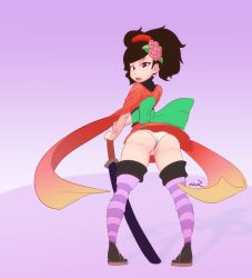 Rule 34 | 1girl, ass, black hair, cleft of venus, flower, from behind, hair flower, hair ornament, highres, japanese clothes, momohime, obi, oboro muramasa, panties, partially visible vulva, planted, planted sword, planted weapon, sash, sheath, sheathed, solo, striped clothes, striped thighhighs, sven (svenners), sword, thighhighs, thighs, uncensored, underwear, upskirt, weapon, white panties, wide sleeves