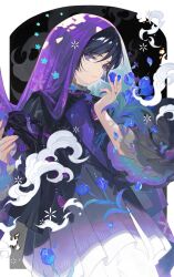 Rule 34 | 1boy, alternate costume, analogous colors, artist name, black background, black hair, blue flower, border, bright pupils, carrying, carrying under arm, commentary, dress, earrings, english commentary, expressionless, flower, genshin impact, hair between eyes, hand up, highres, holding cloth, inset border, jewelry, lapels, lyodi, male focus, no gloves, parted lips, pleated dress, purple eyes, purple vest, ring, scaramouche (genshin impact), short hair, sleeves past elbows, smoke, solo, tassel, upper body, veil, vest, white border, white pupils, wide sleeves