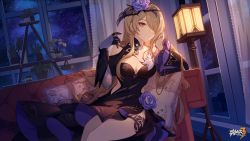 1girl, black dress, breasts, brown hair, cleavage, closed mouth, copyright name, dress, dutch angle, flower, gloves, hair flower, hair ornament, hair over one eye, highres, honkai (series), honkai impact 3rd, indoors, long hair, looking at viewer, medium breasts, mole, mole under eye, night, official art, pink eyes, rita rossweisse, side slit, sidelocks, single glove, sitting, sky, smile, solo, star (sky), starry sky, tattoo