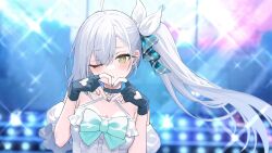 1girl aged_up ahoge aqua_bow artist_request asymmetrical_bangs azur_lane bare_shoulders black_choker black_gloves blurry blurry_background blush bow breasts choker cleavage clothing_cutout detached_sleeves dress fingerless_gloves floating_hair frills gloves grey_hair hair_between_eyes hair_bow hair_ribbon halterneck hands_up heart heart_cutout heart_hands highres idol idol_clothes long_hair looking_at_viewer medium_breasts nail_polish non-web_source oceana_(azur_lane) official_art one_eye_closed puffy_short_sleeves puffy_sleeves ribbon shirt short_sleeves side_ponytail siren_(azur_lane) solo sparkle stage stage_lights upper_body white_bow white_dress white_shirt yellow_eyes