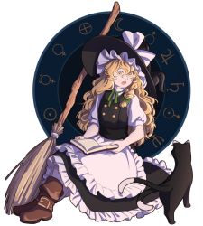 Rule 34 | 1girl, apron, black skirt, black vest, blonde hair, book, boots, bow, braid, broom, brown footwear, chen, chen (cat), earrings, frilled apron, frilled skirt, frills, hair between eyes, hair bow, hat, hat bow, highres, jewelry, kirisame marisa, long hair, long skirt, looking at another, looking down, mefomefo, multiple tails, neck ribbon, nekomata, open book, open mouth, ribbon, round teeth, shirt, single braid, skirt, skirt set, solo, tail, teeth, touhou, turtleneck, two tails, very long hair, vest, waist apron, wavy hair, white background, white legwear, white shirt, witch hat, yellow eyes