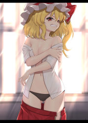 Rule 34 | 1girl, absurdres, anger vein, angry, backlighting, bare shoulders, black panties, blonde hair, blurry, blurry background, bow, breasts, clenched teeth, clothes pull, collarbone, covering breasts, covering privates, cowboy shot, day, eyebrows hidden by hair, flandre scarlet, gluteal fold, hair between eyes, hat, hat bow, highres, indoors, letterboxed, light rays, looking at viewer, medium breasts, medium hair, mob cap, navel, off shoulder, one side up, open clothes, open shirt, page number, panties, red bow, red eyes, red skirt, shirt, skirt, skirt pull, solo, standing, sudako (dai011305), teeth, touhou, underwear, v-shaped eyebrows, white hat, white shirt, window