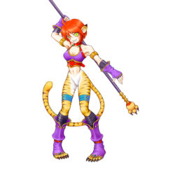Rule 34 | 1girl, animal ears, breasts, breath of fire, breath of fire ii, cat ears, cat tail, cleavage, facial mark, furry, furry female, gloves, green eyes, no pants, orange hair, pointy ears, rinpoo chuan, short hair, solo, staff, striped tail, tail, white background