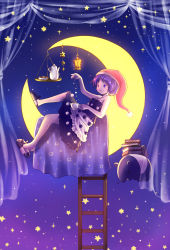 Rule 34 | 1girl, arinu, blue eyes, blue hair, book, book stack, commentary request, cookie, crescent, cup, curtains, doremy sweet, dress, food, hat, highres, ladder, lantern, nightcap, on crescent, pom pom (clothes), reclining, red hat, short hair, sitting on moon, slippers, solo, splashing, star (sky), star (symbol), strapless, strapless dress, sugar cube, tapir, tea, teacup, teapot, touhou, tray