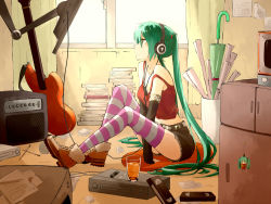 Rule 34 | 1girl, amplifier, belt, book, curtains, elbow gloves, glass, gloves, green eyes, green hair, guitar, hatsune miku, headphones, instrument, long hair, matching hair/eyes, n i n o, paper, shoes, shorts, sitting, solo, strap slip, striped clothes, striped thighhighs, thighhighs, twintails, very long hair, videocassette, videocassette recorder, vocaloid, window
