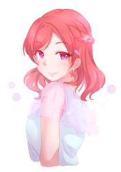 Rule 34 | 1girl, absurdres, blush, closed mouth, cropped arms, cropped torso, earrings, from side, highres, jewelry, kobayashi nyoromichi, long hair, looking at viewer, love live!, love live! school idol project, nishikino maki, purple eyes, red hair, shirt, simple background, smile, solo, swept bangs, upper body, white background, white shirt