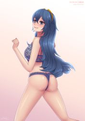 Rule 34 | 1girl, ass, bare shoulders, bikini, blue eyes, blue hair, blush, breasts, fire emblem, fire emblem awakening, from behind, hairband, highres, kneeling, long hair, looking at viewer, lucina (fire emblem), nintendo, open mouth, shiny skin, sideboob, smile, solo, swimsuit, very long hair, zelc-face
