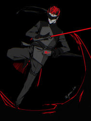 Rule 34 | 1boy, adam taurus, belt, black gloves, blindfold, boots, chokutou, gloves, glowing, glowing hair, glowing sword, glowing weapon, highres, holding, holding sword, holding weapon, horns, katana, nerevi, red hair, rwby, sheath, sword, weapon, wilt and blush